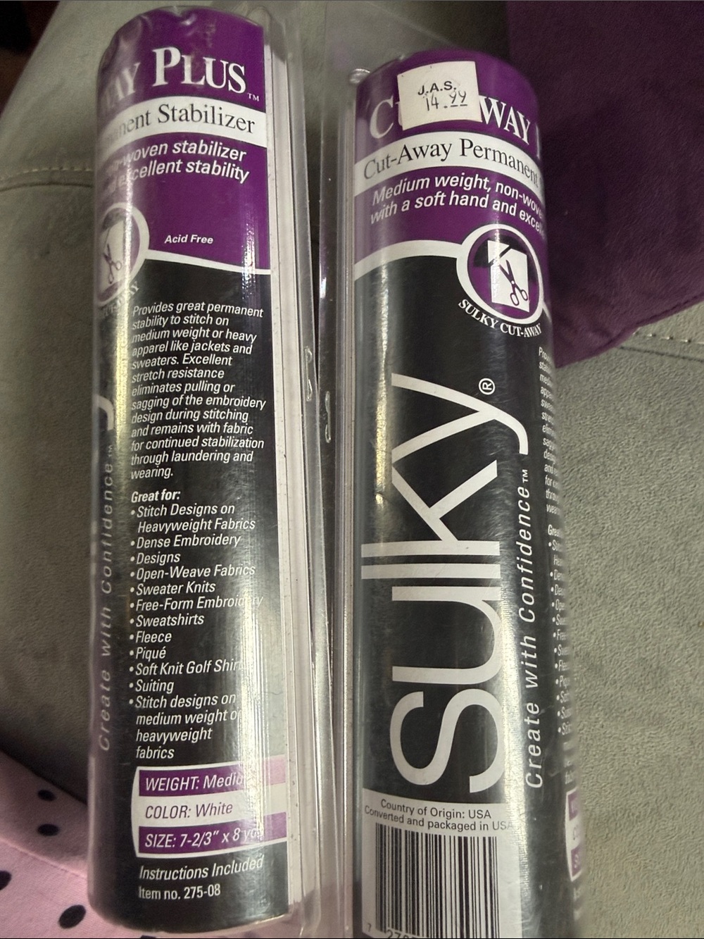 2 NEW Sulky Cut-Away Plus Medium Weight Stabilizer 7-2/3"x8yd (27508)